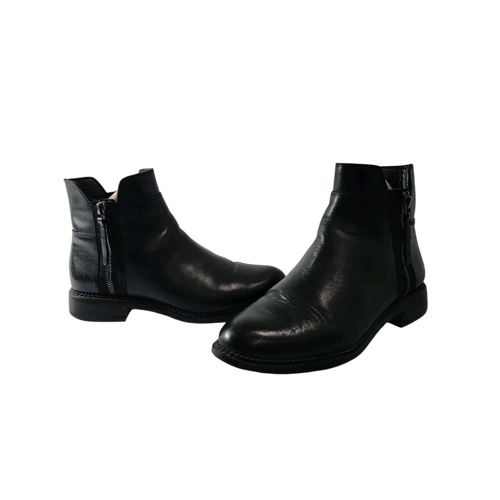 Franco Sarto Halford Black Leather Ankle Boots Womens 7M Zip Booties Low Heel